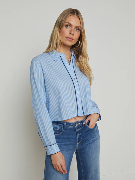 L’AGENCE - Cosette Button-Down Shirt - Slate Blue/Ivory Stripe