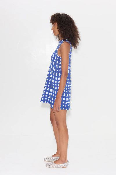 SIMONMILLER - Zana Mini Dress - Klein Blue Wavy Gingham & Gummy Green Palm Leaf