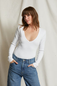 Perfect White Tee - Kitt Structured Rib V-Neck Long Sleeve Top - White