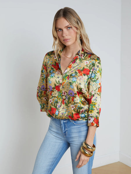 L'AGENCE - Dani Silk Blouse - Yellow Multi Vintage Botanical