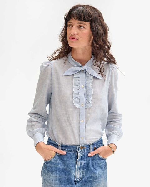 Clare V. - Pia Blouse - Powder Blue & Cream Cotton Stripe