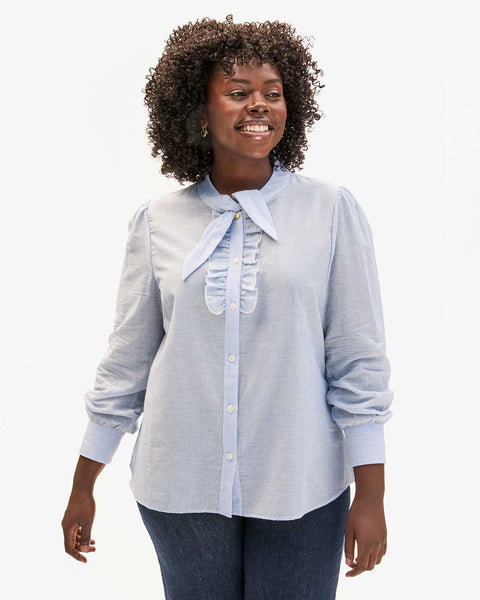 Clare V. - Pia Blouse - Powder Blue & Cream Cotton Stripe