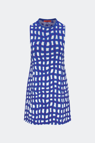 SIMONMILLER - Zana Mini Dress - Klein Blue Wavy Gingham & Gummy Green Palm Leaf