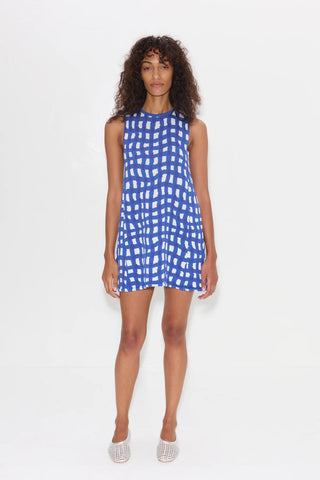 SIMONMILLER - Zana Mini Dress - Klein Blue Wavy Gingham & Gummy Green Palm Leaf