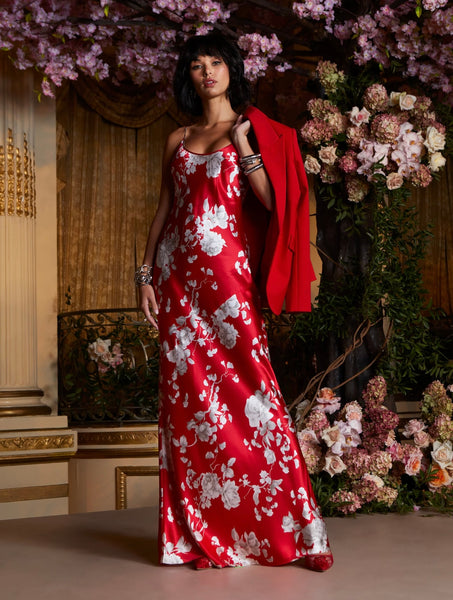 L’AGENCE - Charmaine Silk Gown - Ivory/Red Ikebana