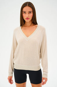 SPLITS59 - Bennie Fleece V-Neck Sweatshirt - Heather Oatmeal/White