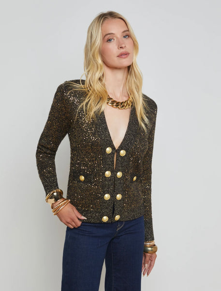 L’AGENCE - Jinny Sequin Cardigan - Black/Gold Sequin