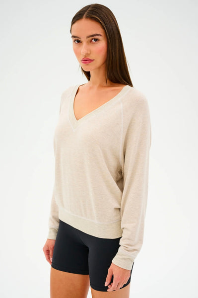 SPLITS59 - Bennie Fleece V-Neck Sweatshirt - Heather Oatmeal/White