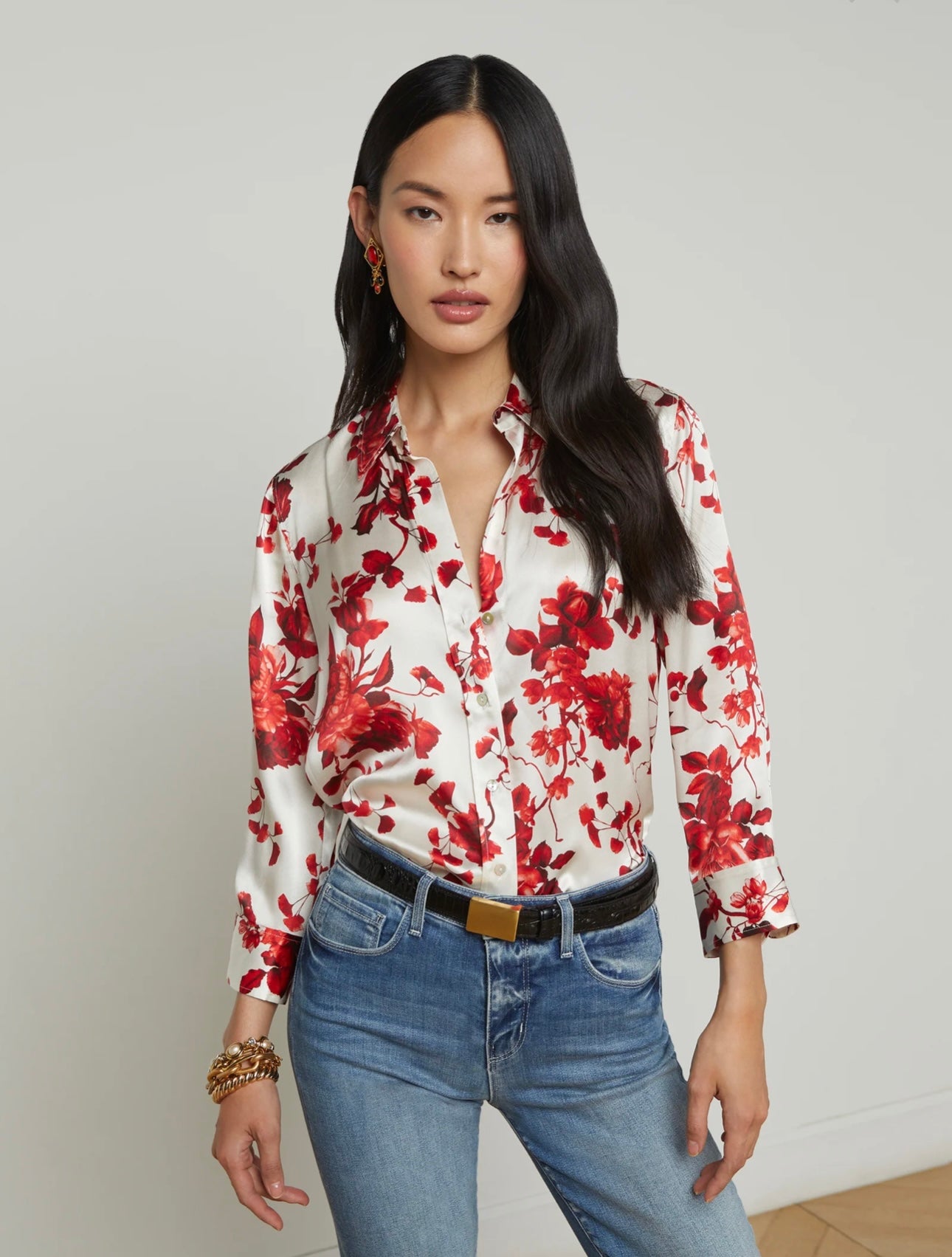 L’AGENCE - Dani 3/4 Sleeve Blouse - Ivory/Red Ikebana