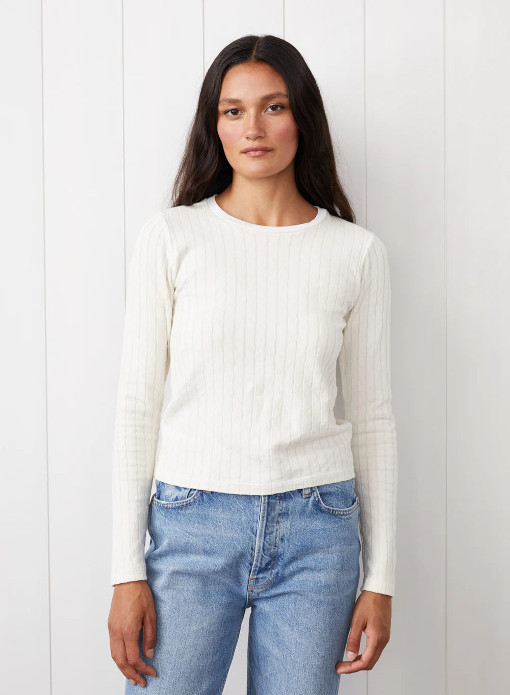 STATESIDE - Double Faced Pointelle Long Sleeve Top - Cream