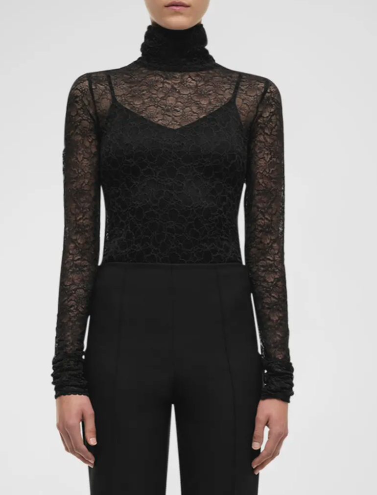 SIMKHAI - Zurie Lace Turtleneck Long-Sleeve Combo Bodysuit - Black