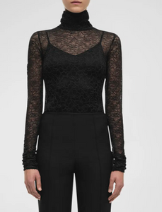 SIMKHAI - Zurie Lace Turtleneck Long-Sleeve Combo Bodysuit - Black