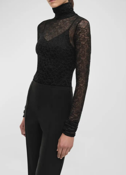 SIMKHAI - Zurie Lace Turtleneck Long-Sleeve Combo Bodysuit - Black