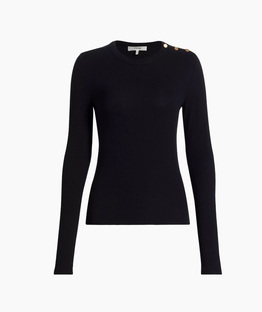 FRAME - Long Sleeve Button Crewneck Top - Black