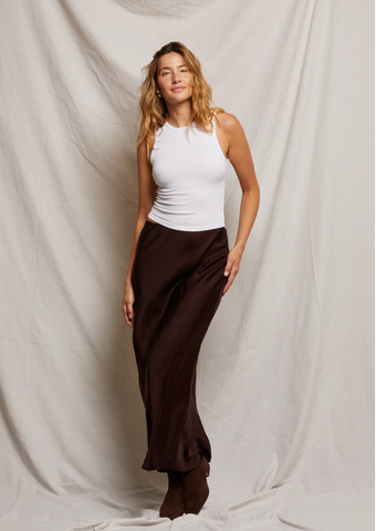 Perfect White Tee - Genevieve Satin Maxi Skirt - Blackberry