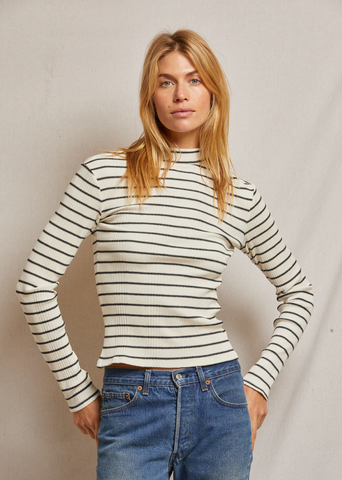 Perfect White Tee - Lauryn Mock Neck - Sugar Black Stripe