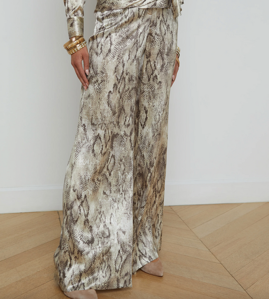 L'AGENCE - Pilar Silk Wide-Leg Pant - Tan Multi Snake