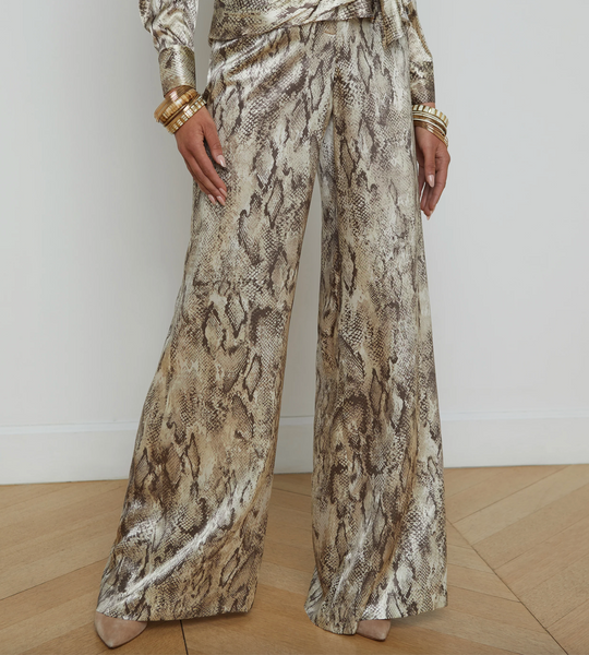 L'AGENCE - Pilar Silk Wide-Leg Pant - Tan Multi Snake