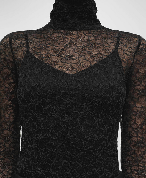 SIMKHAI - Zurie Lace Turtleneck Long-Sleeve Combo Bodysuit - Black